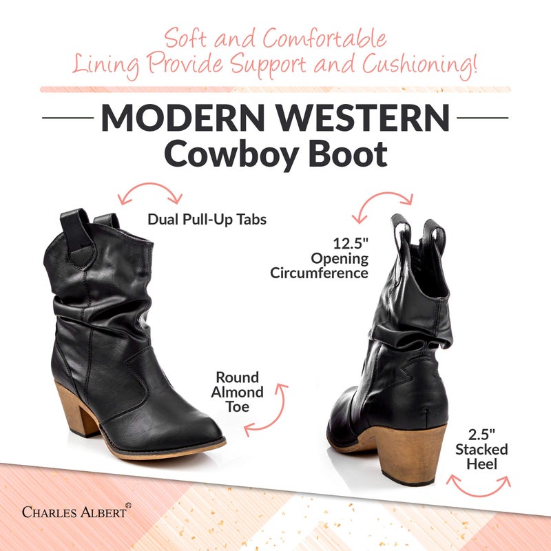 Charles Albert Modern Western Cowboy Boots for Women Ladies Stacked Heel Ankle Cowgirl Boots with Pull-Up Tabs in Black Size 10 - Image 5